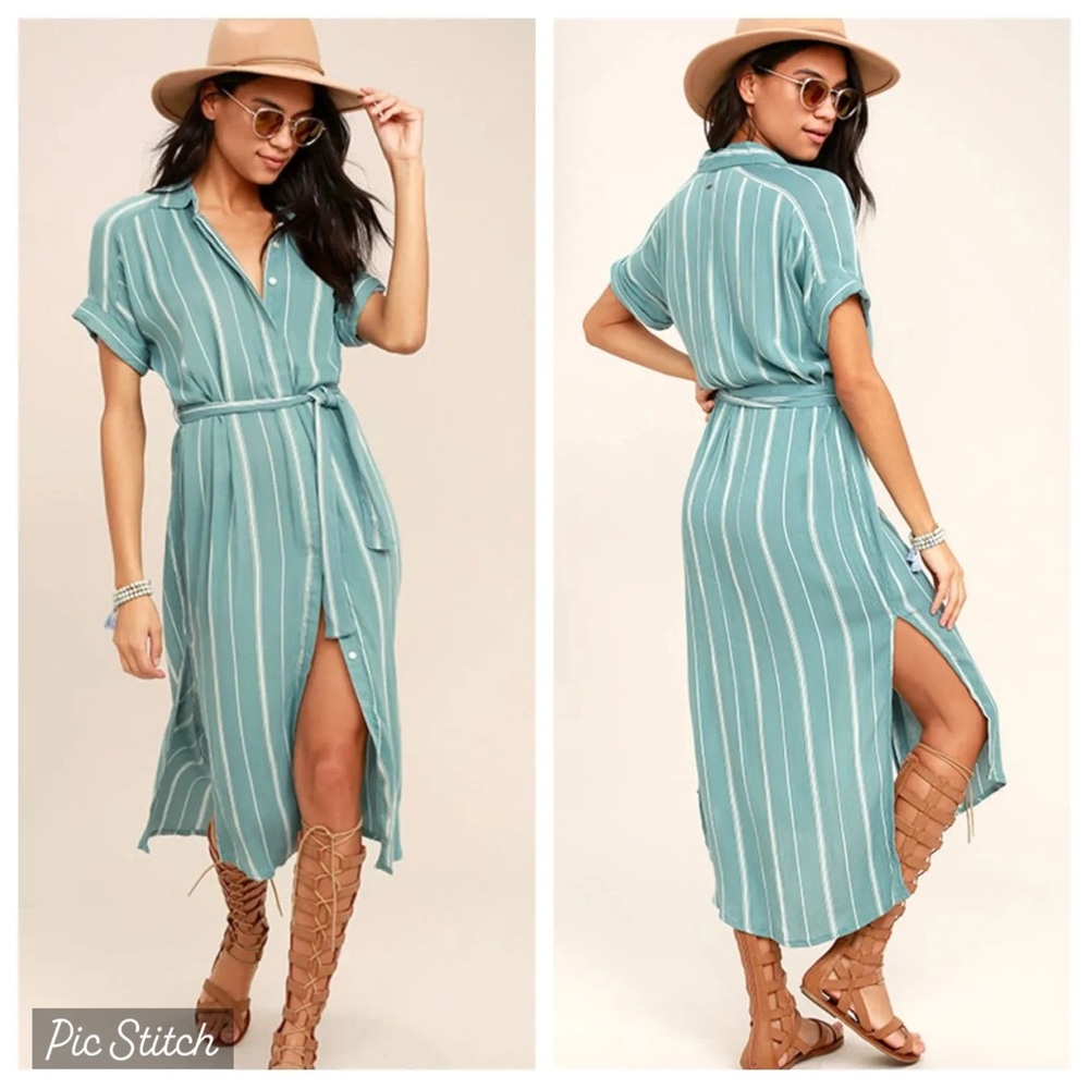O’Neill Striped Maxi Shirt Dress Teal Blue Belted Button Front Boho | Size XL